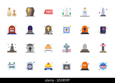 Innovative pack of 24 vector icons themed around Memorial, showcasing Flat design in Retina Ready Pixel Aligned format for modern digital solutions. Stock Vector