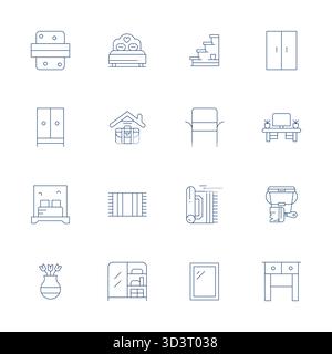 This collection features 16 Thin Line Grid Fitted vector icons tailored to the Interior Design theme, optimized in 128x128 format for digital design. Stock Vector
