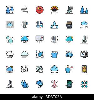 Industry-leading pack of 36 Flat Line Filled PIXEL Perfect vector icons for Humidity, sized at 128x128 for optimal rendering and user interface excell Stock Vector