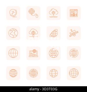 Transform your designs with 16 Thin Outline vector icons themed around Global Communication, engineered in 256x256 Pixel Optimized resolution for maxi Stock Vector