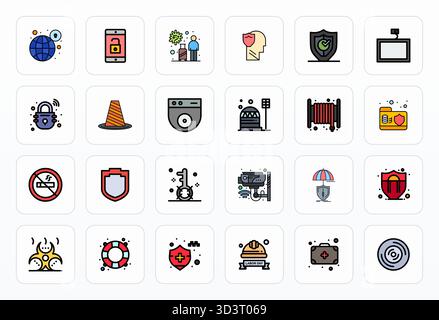 Distinctive pack of 24 Detail Enhanced vector icons inspired by Safety, crafted in Filled Line format at Retina Ready for memorable brand experiences. Stock Vector