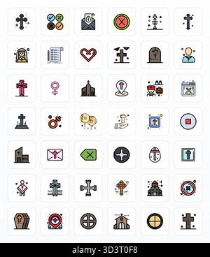 Contemporary collection of 42 vector icons representing Cross in Filled Line aesthetic, featuring High Resolution Detail Enhanced resolution for moder Stock Vector