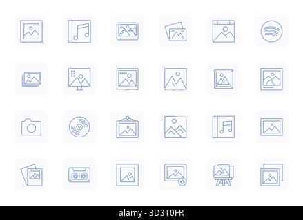 Strategic bundle featuring 24 vector icons representing Album in Regular Bold Outline format, optimized with 256x256 Pixel Aligned quality for profess Stock Vector