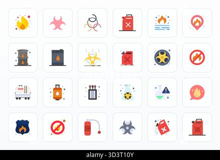 Enhance your projects with 24 Flat vector icons themed around Flammable, featuring 64x64 PIXEL Perfect resolution ideal for clean and professional des Stock Vector