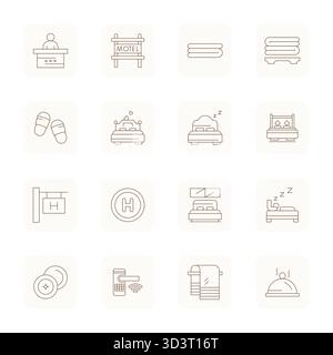 Expertly designed 16 Thin Outline Detail Enhanced vector icons for Hotel, engineered at 64x64 resolution for flawless integration and performance. Stock Vector