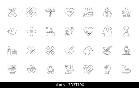 Refined bundle featuring 28 Thin Line vector icons for Healing, optimized with 64x64 Pixel Aligned quality for elegant and functional design solutions Stock Vector