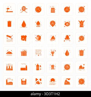 Professional-grade collection of 36 Glyph vector icons representing Pollution, crafted with 128x128 Editable precision for enterprise applications. Stock Vector