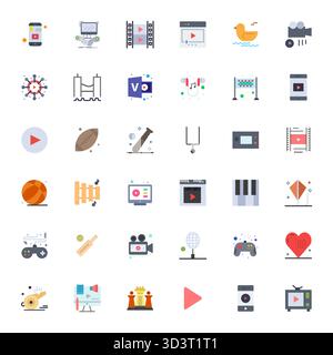 Essential pack of 36 Editable vector icons for Play in Flat format, sized at 256x256 for optimal performance and scalability. Stock Vector