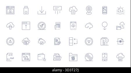Innovative pack of 32 vector icons themed around Digital File, showcasing Thin Line design in 64x64 PIXEL Perfect format for modern digital solutions. Stock Vector