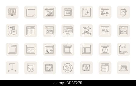 Streamlined set of 28 vector icons for Html in Thin Outline aesthetic, featuring 64x64 Pixel Optimized resolution for seamless user experiences. Stock Vector