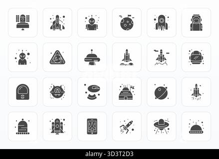 This Spaceship vector icon pack includes 24 Glyph designs in High Resolution Grid Fitted format, perfect for enhancing digital interfaces. Stock Vector