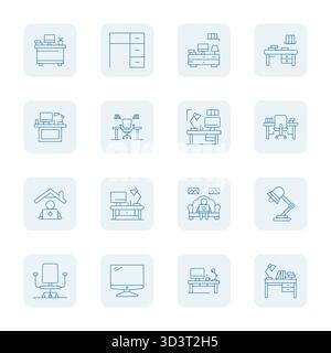 A clean collection of 16 Thin Outline vector icons representing Home Office, designed in 256x256 Pixel Aligned format for modern dashboards and interf Stock Vector