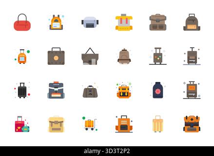 Curated pack of 24 64x64 vector icons in Flat design, centered around Travel Bag concepts with Display Perfect clarity. Stock Vector