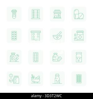 Discover a set of 16 Thin Outline vector icons crafted for the Drugstore theme, featuring 128x128 Detail Enhanced designs ideal for modern UI/UX proje Stock Vector