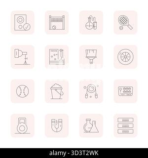 Strategic bundle featuring 16 vector icons representing Equipment in Thin Outline format, optimized with 64x64 Pixel Optimized quality for professiona Stock Vector