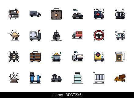 Strategic bundle featuring 24 vector icons representing Transporting in Line Filled format, optimized with 128x128 Pixel Aligned quality for professio Stock Vector