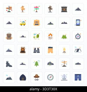 A clean collection of 36 Flat vector icons representing Hiking, designed in High Resolution Pixel Optimized format for modern dashboards and interface Stock Vector
