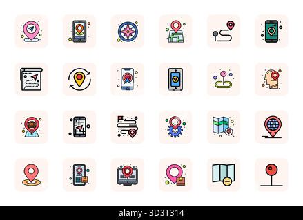 Innovative pack of 24 vector icons themed around Location Tracking, showcasing LineFilled design in Retina Ready Detail Enhanced format for modern dig Stock Vector