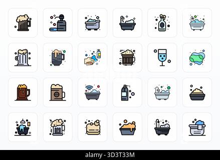 Contemporary collection of 24 vector icons representing Foam in Filled Line aesthetic, featuring 128x128 Pixel Optimized resolution for modern applica Stock Vector