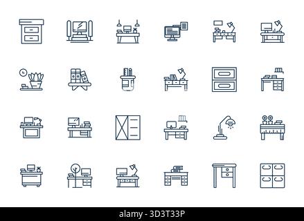 Contemporary collection of 24 vector icons representing Workspace in Bold Line aesthetic, featuring 256x256 Pixel Optimized resolution for modern appl Stock Vector