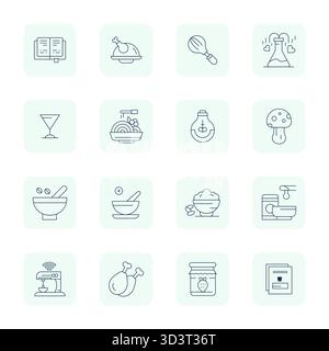Beautifully rendered 16 Thin Outline PIXEL Perfect vector icons for Recipe, created at High Resolution resolution for stunning visual consistency acro Stock Vector