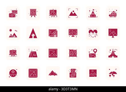 Advanced collection of 24 Pixel Optimized vector icons inspired by Mountains, crafted in Filled with High Resolution optimization for superior visual Stock Vector