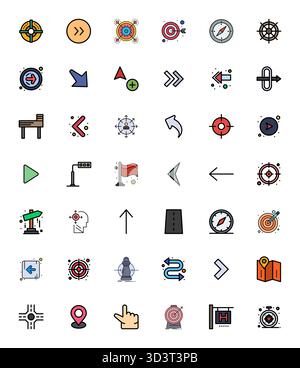 This Direction vector icon pack includes 42 Flat Line Filled designs in 256x256 Grid Fitted format, perfect for enhancing digital interfaces. Stock Vector