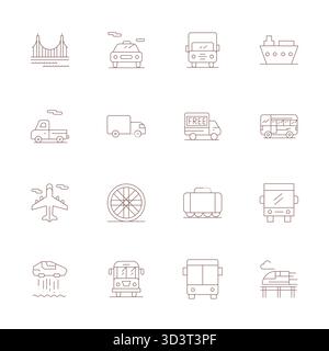 Refined bundle featuring 16 Thin Line vector icons for Transportation Icon, optimized with 128x128 Editable quality for elegant and functional design Stock Vector