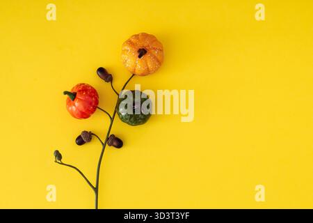 Creative autumn flower made of mini pumpkins and acorns on yellow background. Minimal surreal nature concept. Fall aesthetic. Flat lay style. Top view Stock Photo