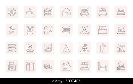 Refined bundle featuring 28 Thin Outline vector icons for Lodging, optimized with Retina Ready Detail Enhanced quality for elegant and functional desi Stock Vector