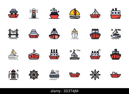 Advanced collection of 24 Pixel Optimized vector icons inspired by Harbor, crafted in Flat Line Filled with 256x256 optimization for superior visual p Stock Vector