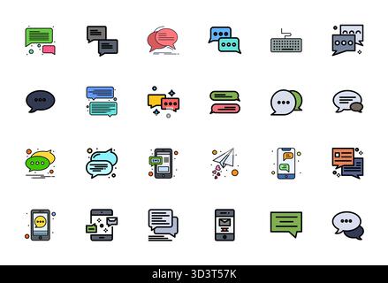 Transform your designs with 24 Flat Line Filled vector icons themed around Texting, engineered in High Resolution Pixel Optimized resolution for maxim Stock Vector