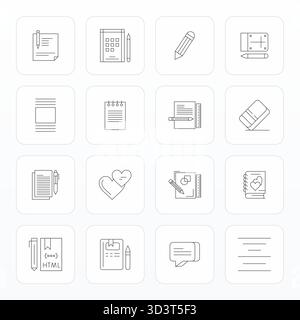 High-performance collection of 16 Thin Line vector icons for Notepad, engineered with 256x256 Grid Fitted resolution for optimal user interface design Stock Vector