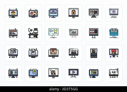 Set of 24 Filled Line Pixel Optimized vector icons themed around Computer Screen, crafted in 64x64 resolution for seamless integration in apps and web Stock Vector