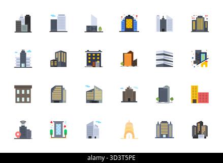 Refined bundle featuring 24 Flat vector icons for Skyscraper, optimized with 256x256 Pixel Optimized quality for elegant and functional design solutio Stock Vector