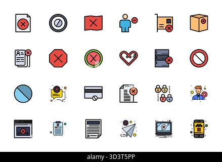A clean collection of 24 Line Filled vector icons representing Denied, designed in 128x128 Grid Fitted format for modern dashboards and interfaces. Stock Vector