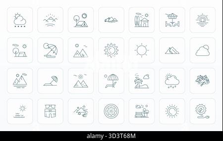 Industry-leading pack of 28 Thin Line Editable vector icons for Sun, sized at 64x64 for optimal rendering and user interface excellence. Stock Vector