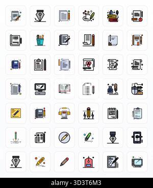 Contemporary collection of 42 vector icons representing Pen in Filled Line aesthetic, featuring High Resolution PIXEL Perfect resolution for modern ap Stock Vector