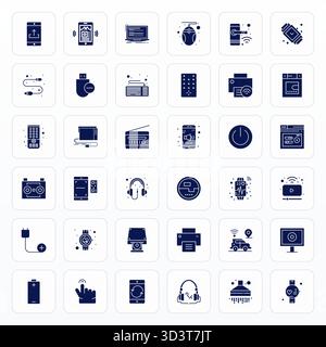 Unlock 36 Glyph PIXEL Perfect vector icons inspired by Device, optimized in Retina Ready format for flawless display across all devices. Stock Vector