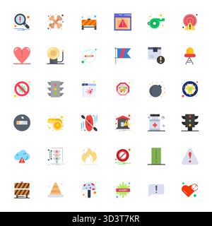Professional-grade collection of 36 Flat vector icons representing Caution, crafted with 64x64 Grid Fitted precision for enterprise applications. Stock Vector