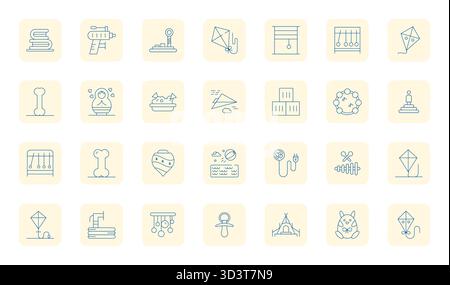 Set of 28 Thin Outline Pixel Optimized vector icons themed around Toy, crafted in High Resolution resolution for seamless integration in apps and webs Stock Vector