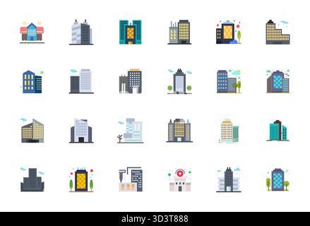 Refined bundle featuring 24 Flat vector icons for Office Building, optimized with 64x64 Editable quality for elegant and functional design solutions. Stock Vector