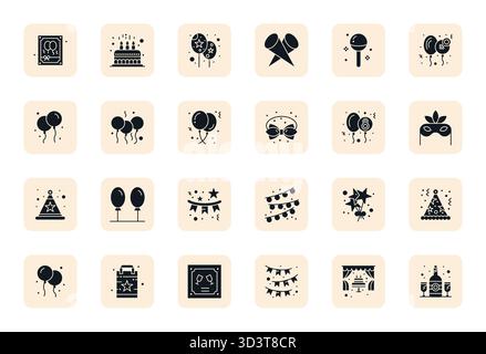 Collection of 24 Filled Editable vector icons for Party Supplies, designed in Retina Ready format for clarity and versatility. Stock Vector