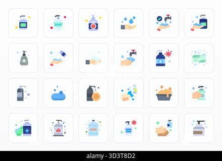 Refined bundle featuring 24 Flat vector icons for Liquid Soap, optimized with High Resolution Editable quality for elegant and functional design solut Stock Vector