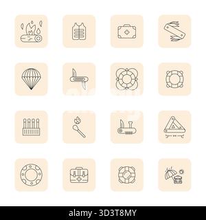 Industry-leading pack of 16 Thin Outline Pixel Aligned vector icons for Survival, sized at 128x128 for optimal rendering and user interface excellence Stock Vector