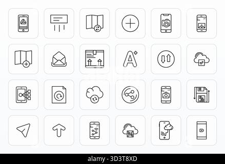 Revolutionary set of 24 Grid Fitted vector icons inspired by Upload, created in Bold Line format at 64x64 resolution for cutting-edge design. Stock Vector