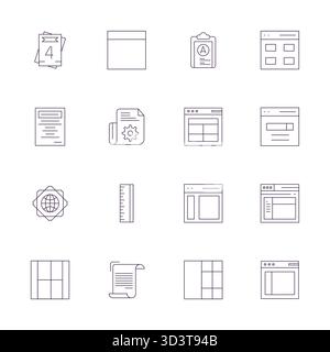 This collection features 16 Thin Line Grid Fitted vector icons tailored to the Template theme, optimized in Retina Ready format for digital design. Stock Vector