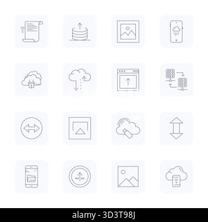 Enhance your projects with 16 Thin Outline vector icons themed around Upload, featuring High Resolution Pixel Optimized resolution ideal for clean and Stock Vector