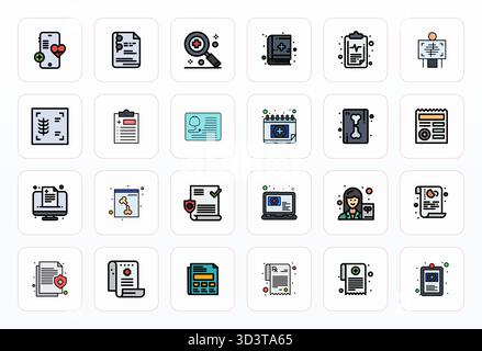 Curated pack of 24 128x128 vector icons in Filled Line design, centered around Medical Record concepts with PIXEL Perfect clarity. Stock Vector