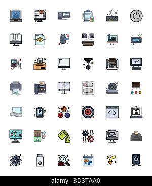 Collection of 42 Flat Line Filled Editable vector icons for Output, designed in 256x256 format for clarity and versatility. Stock Vector